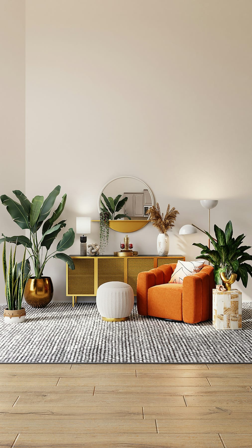The lounge — terracotta, cane and gold