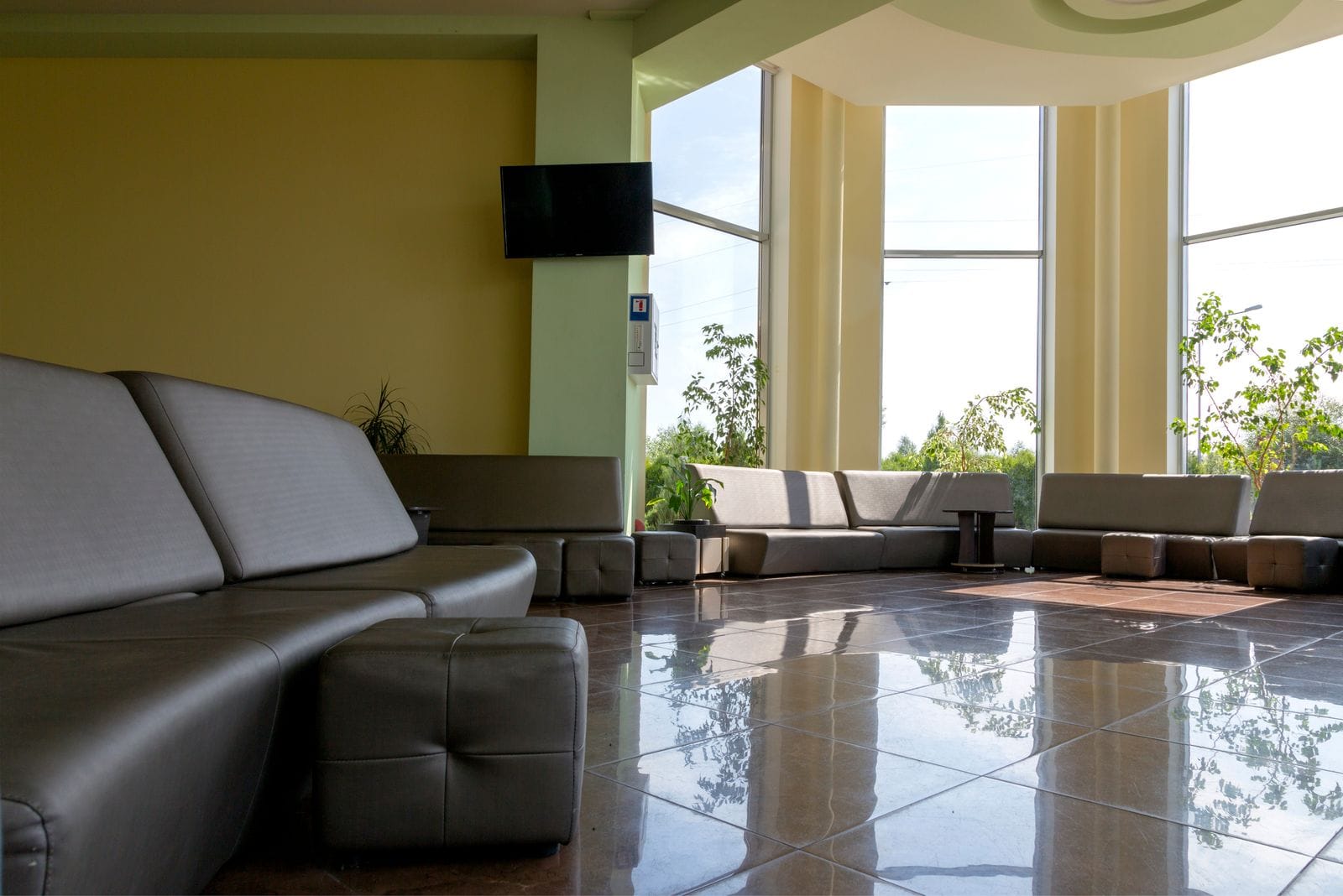 The calm, considered reception space of the Meridian clinic concept