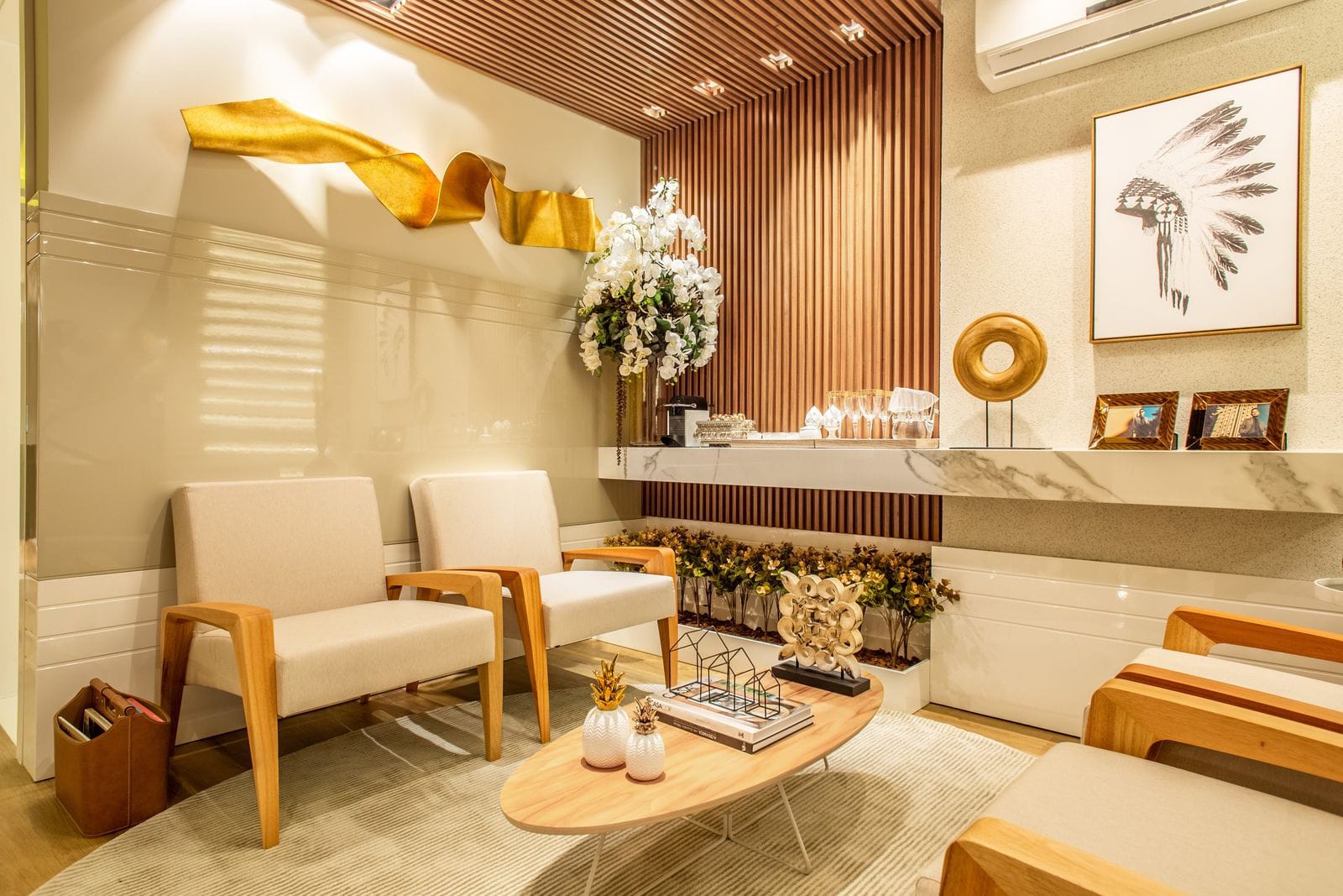Clinic reception with warm wood and soft light